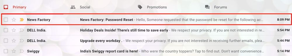 password reset email